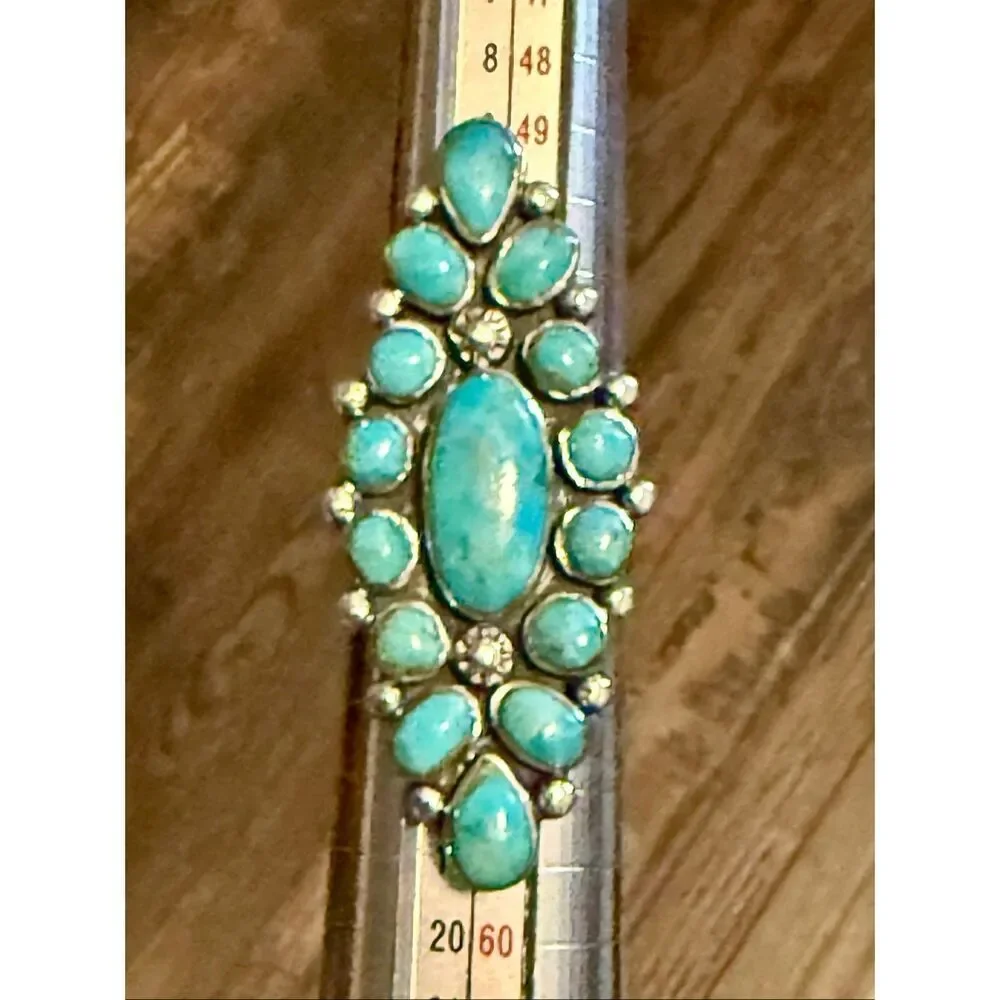 Stunning Southwestern Sterling Silver Turquoise Cluster Ring Statement Piece 8